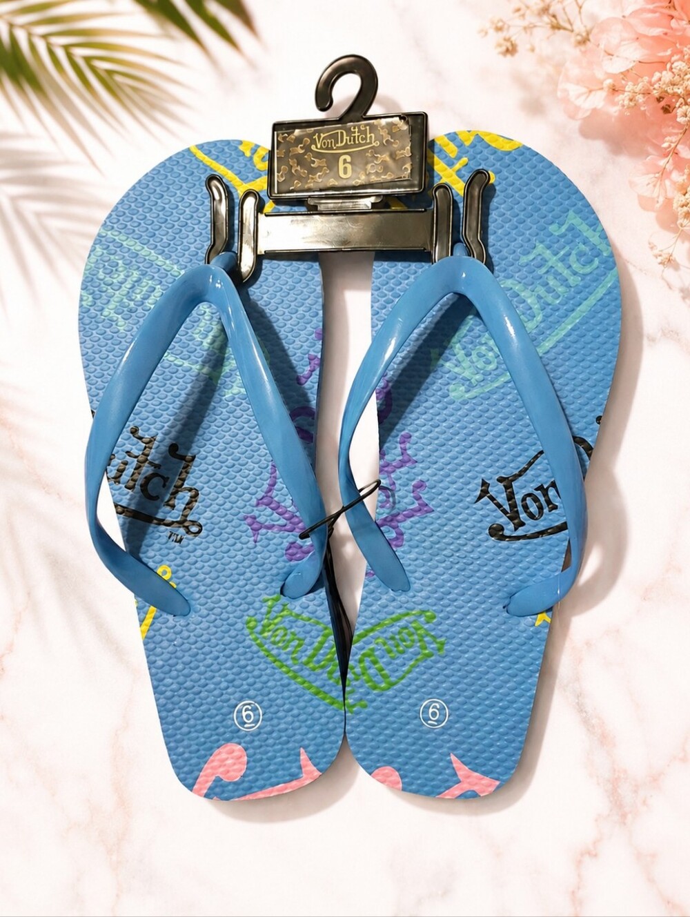 Von Dutch Women’s Blue Logo Flip Flops Size 6 Y2K Beach Sandals NEW